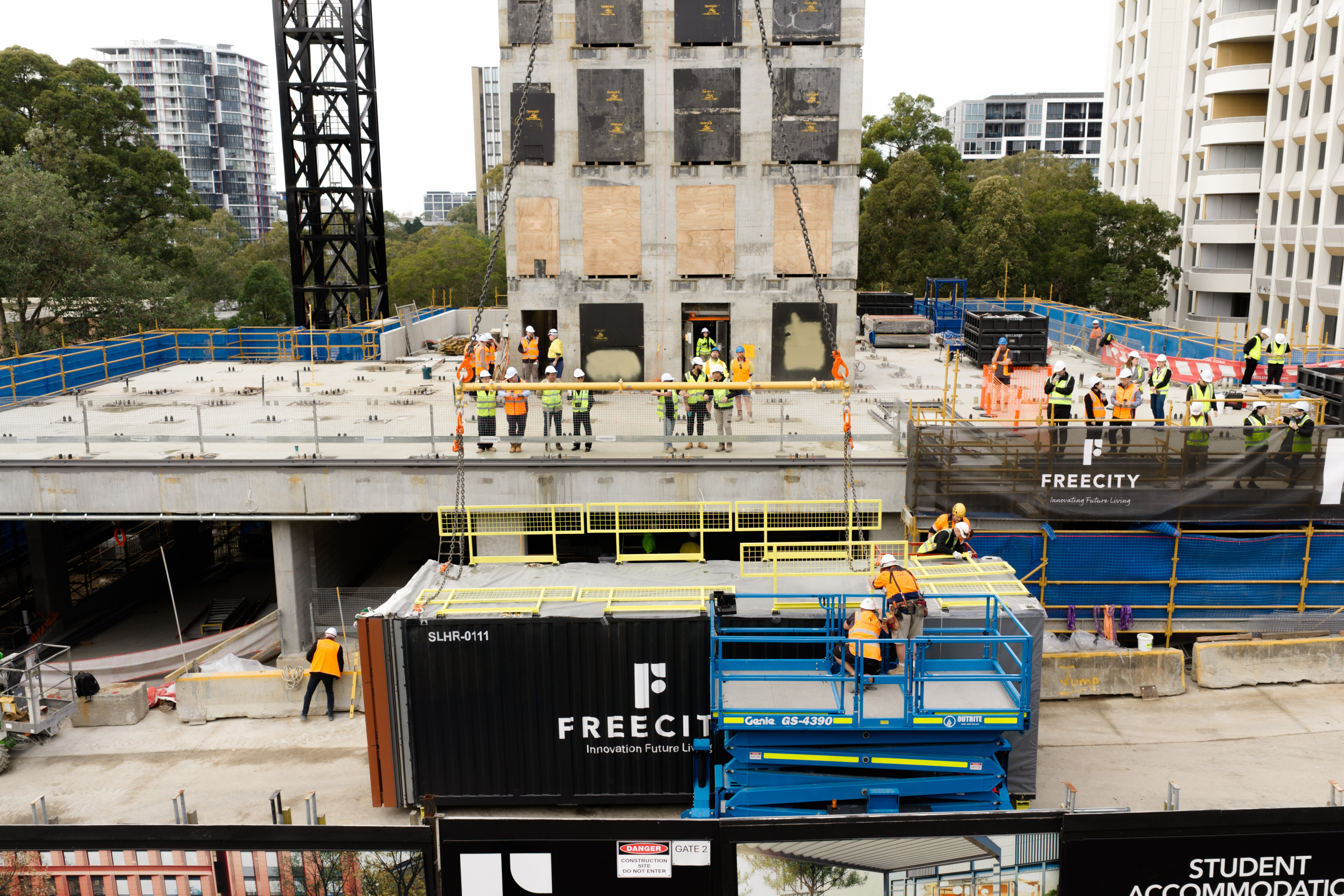 First modules stacked at Freecity’s landmark Macquarie Park development