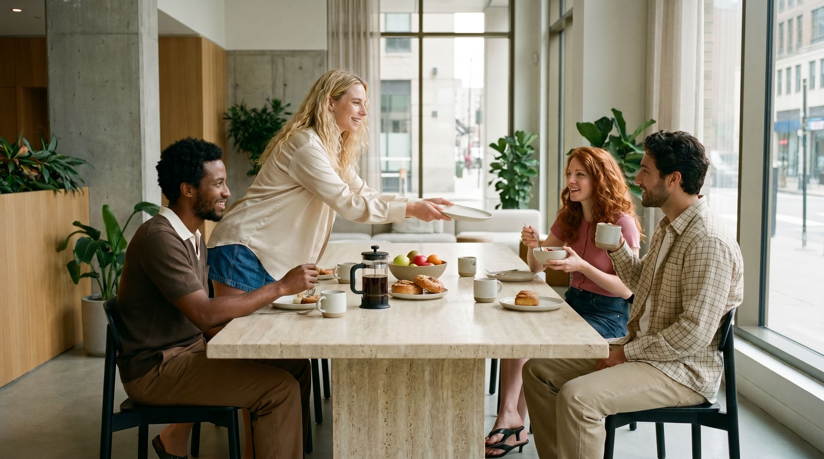 Residents gathered around a stone table for breakfast, with coffee, pastries and fruit, at a Freecity co-living building.