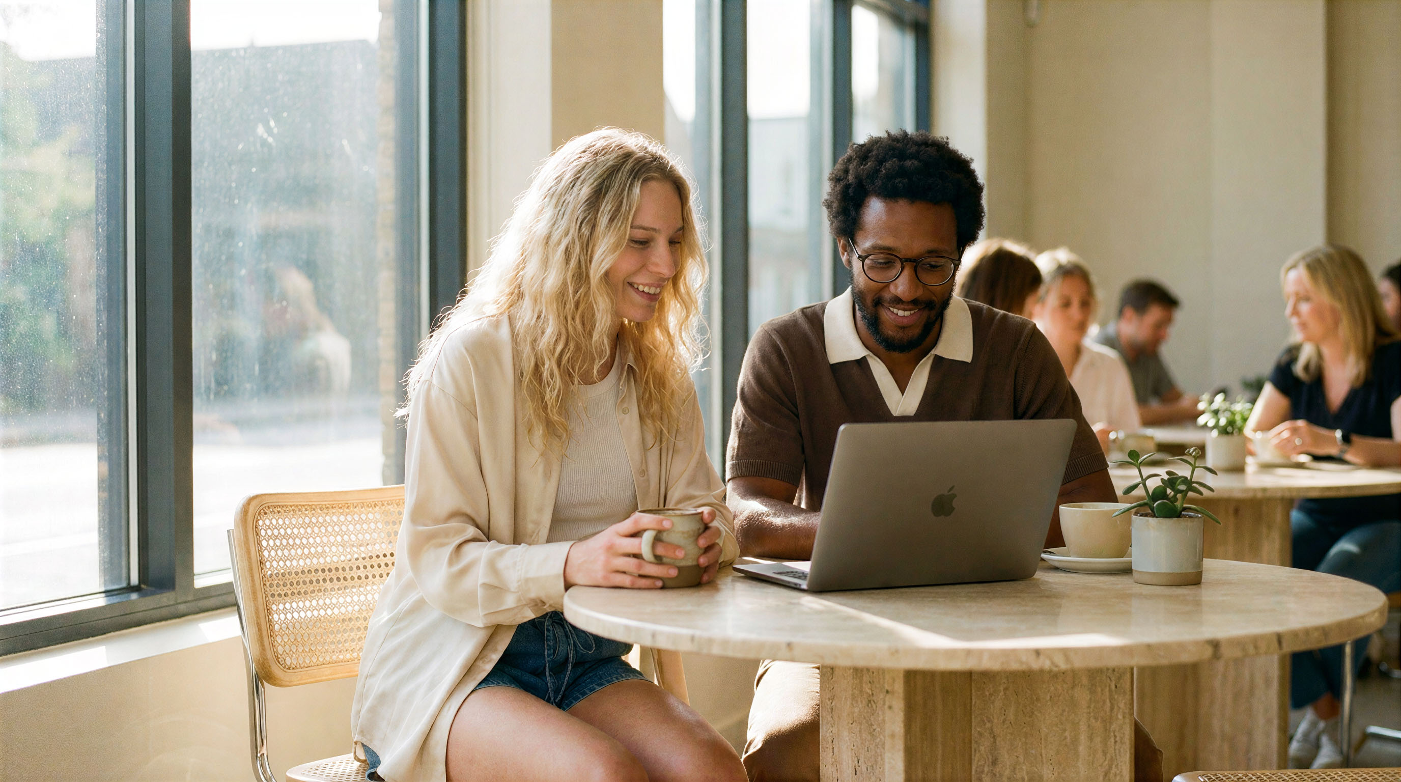 Residents working and chatting over coffee in a light-filled cafe-style lounge at Freecity, with other tables occupied in the background.