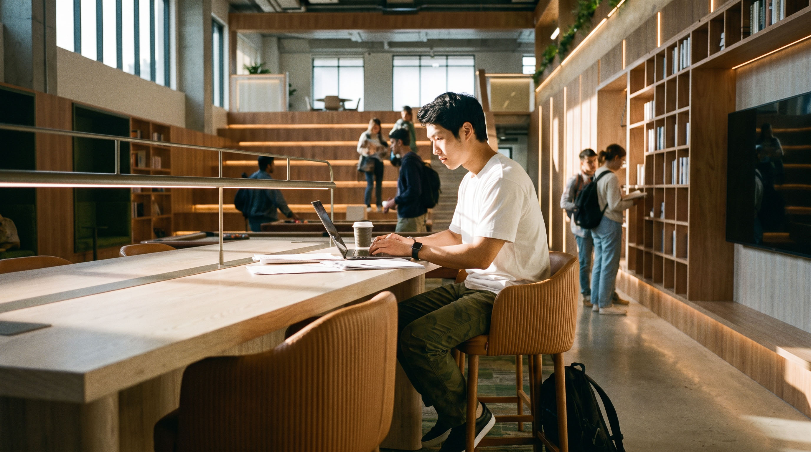 A student working at a communal table in a Freecity lounge, a space that flexes from quiet study to social steps and shelving.