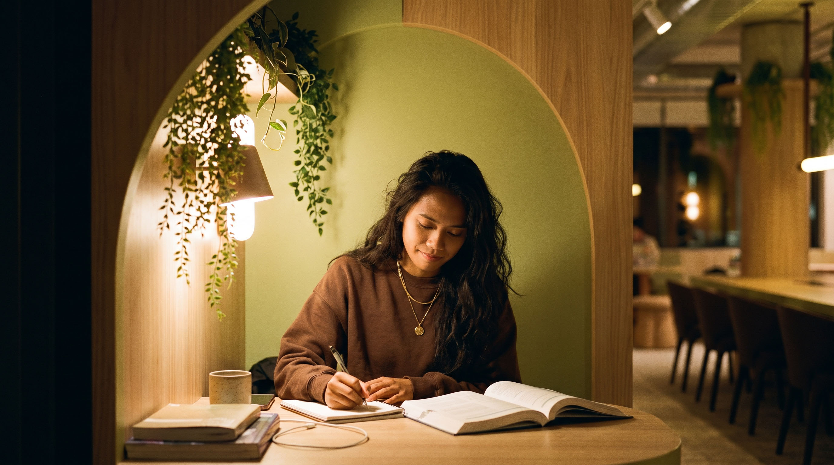 一名学生正坐在一个温暖、绿植环绕的学习角落里专心看笔记本，这里是Freecity一个更大公共区域的一部分。