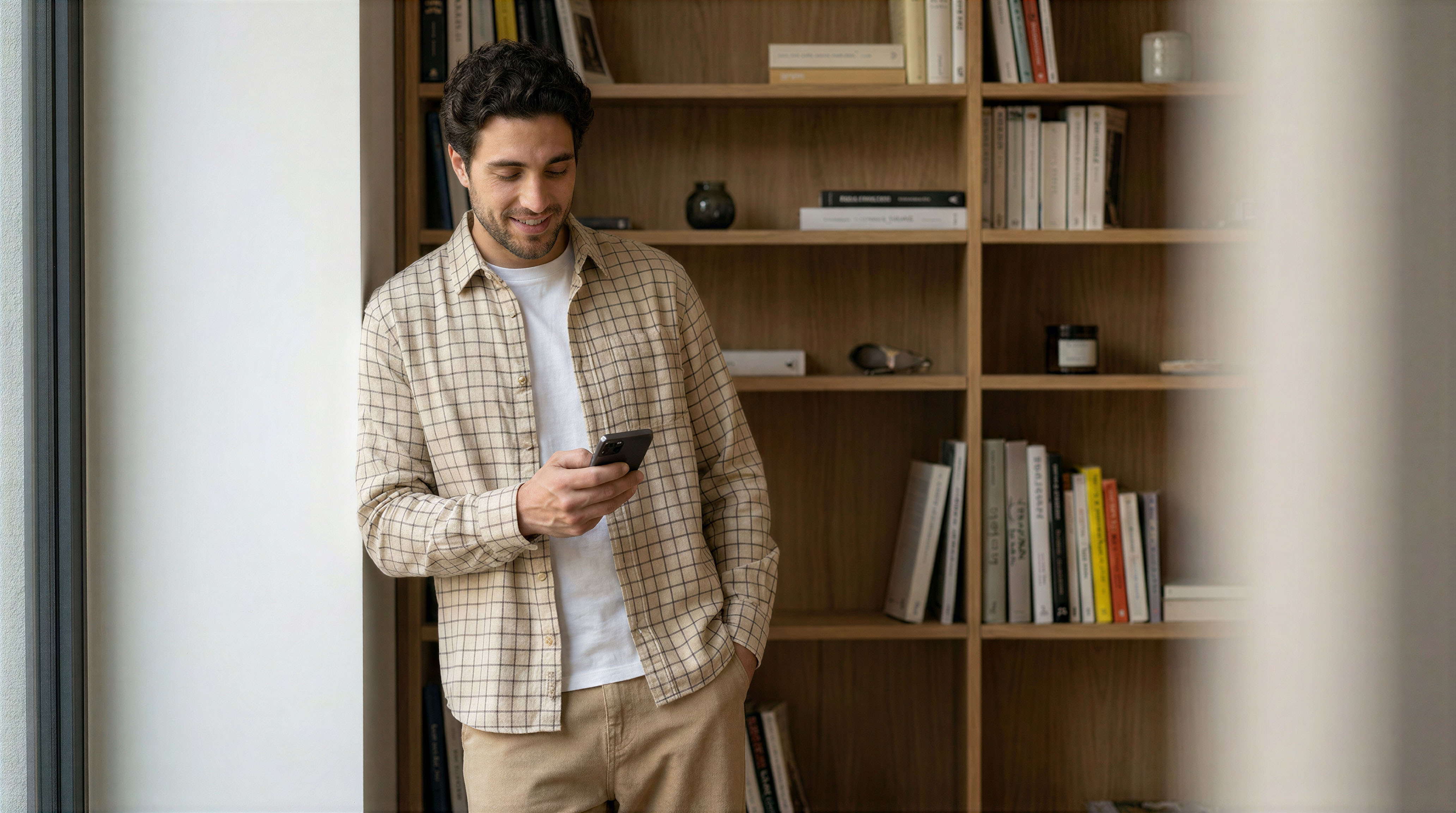 A resident using his phone at home, illustrating easy digital access to Freecity's services.
