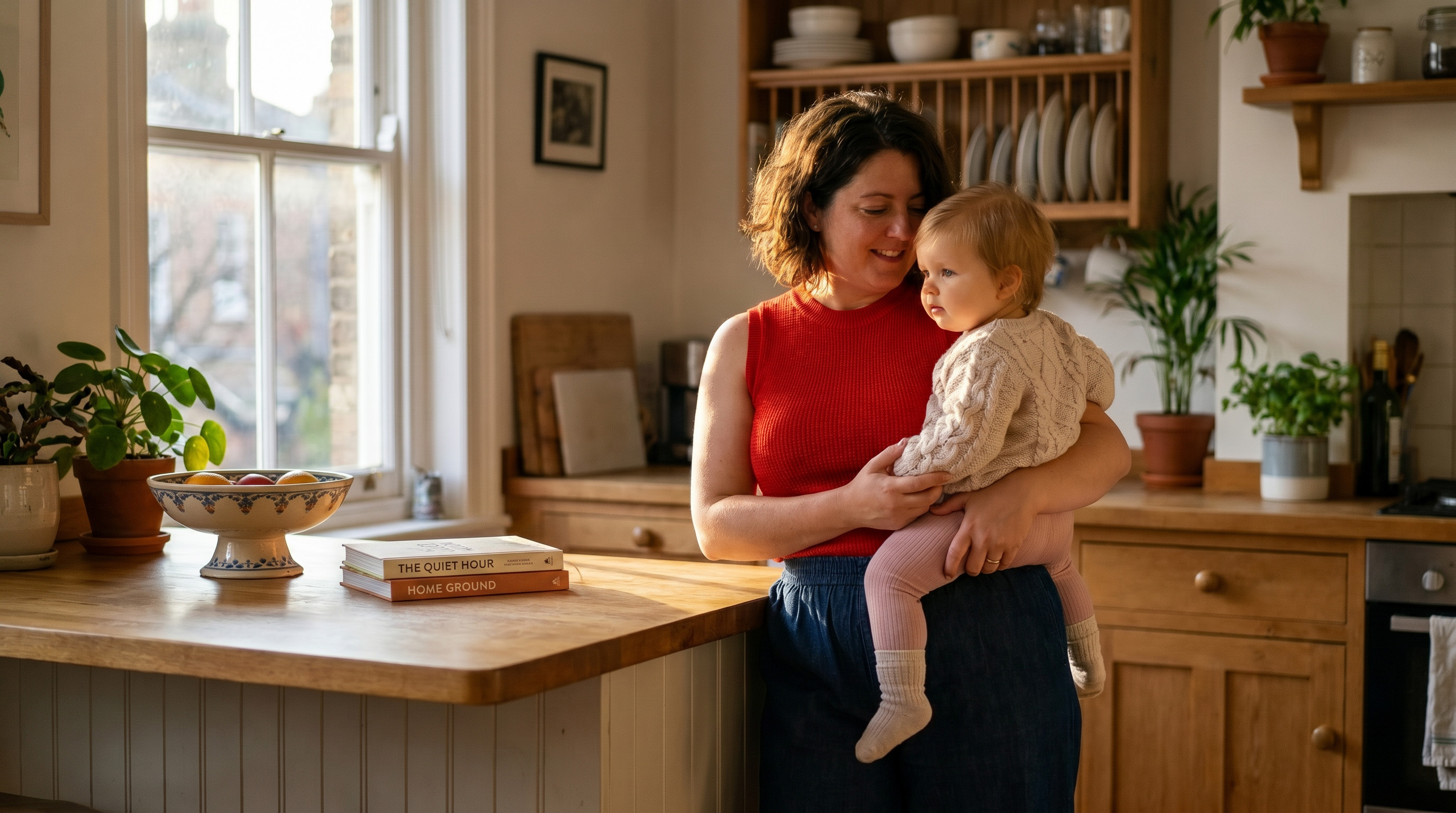 A mother and toddler standing in a fully furnished kitchen at Freecity, with fruit, books and plants on the counter.