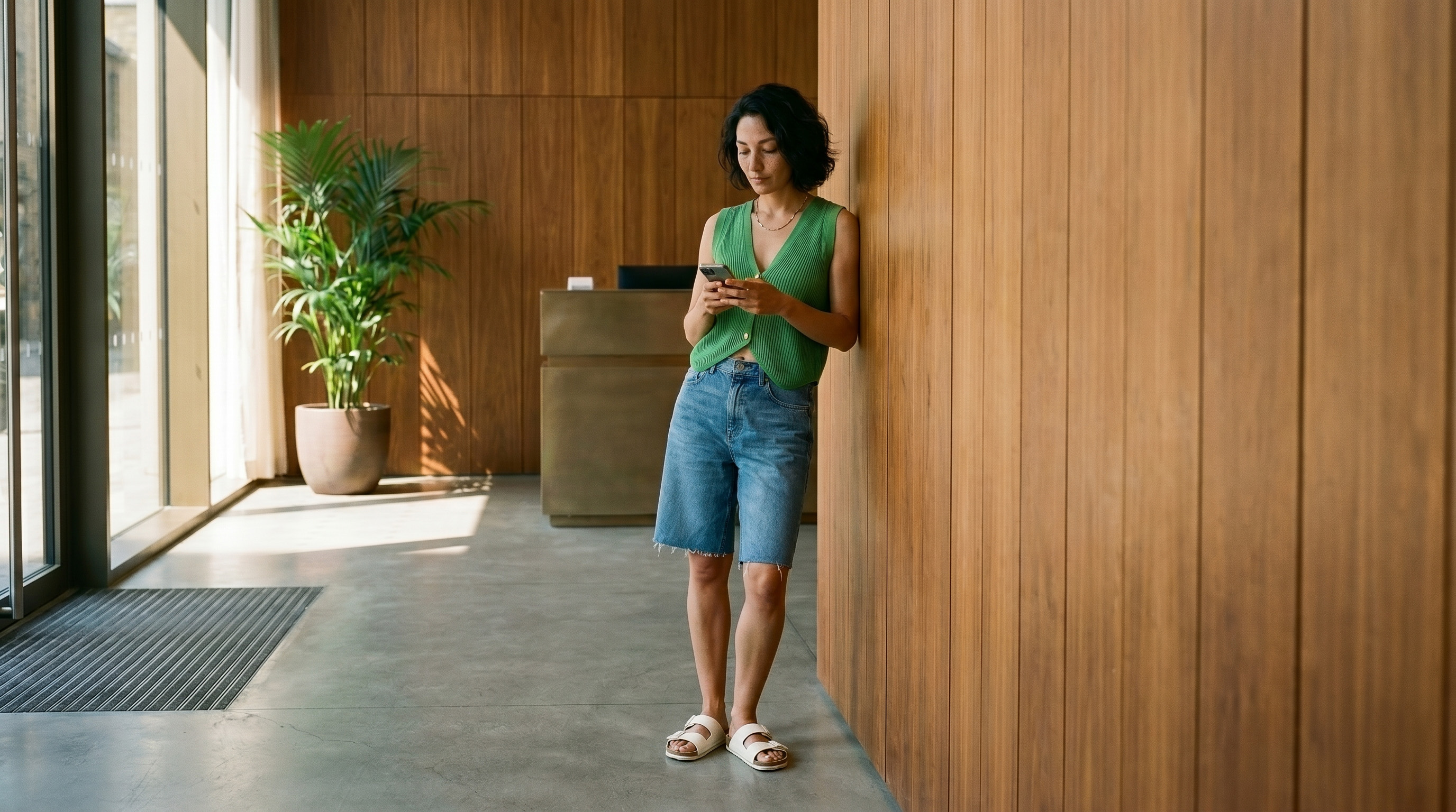 Warm afternoon light filling a wood-panelled Freecity lobby as a resident checks her phone near the front desk.