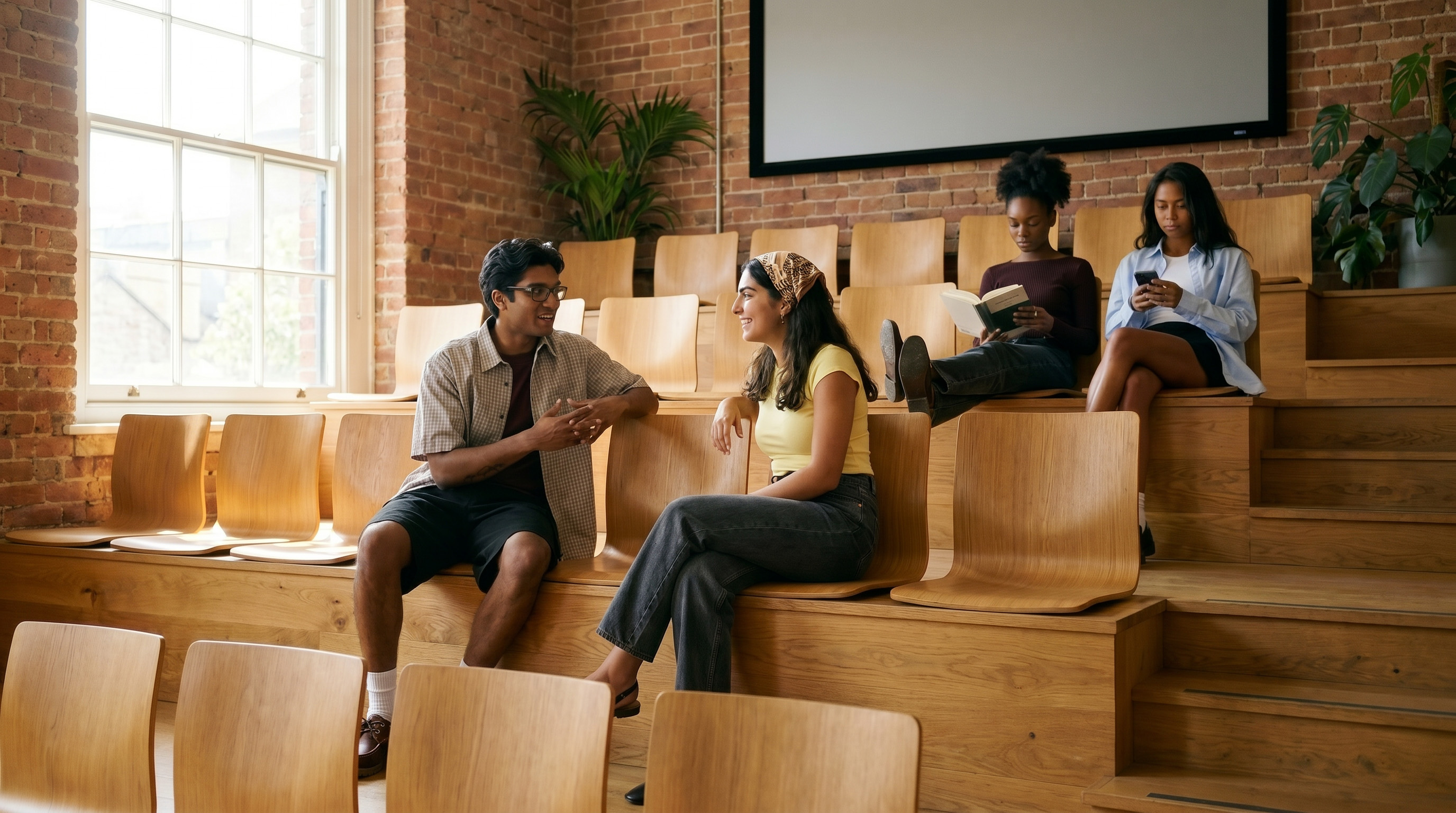 Residents chatting, reading and using their phones on tiered wooden seating beneath a projector screen at Freecity.