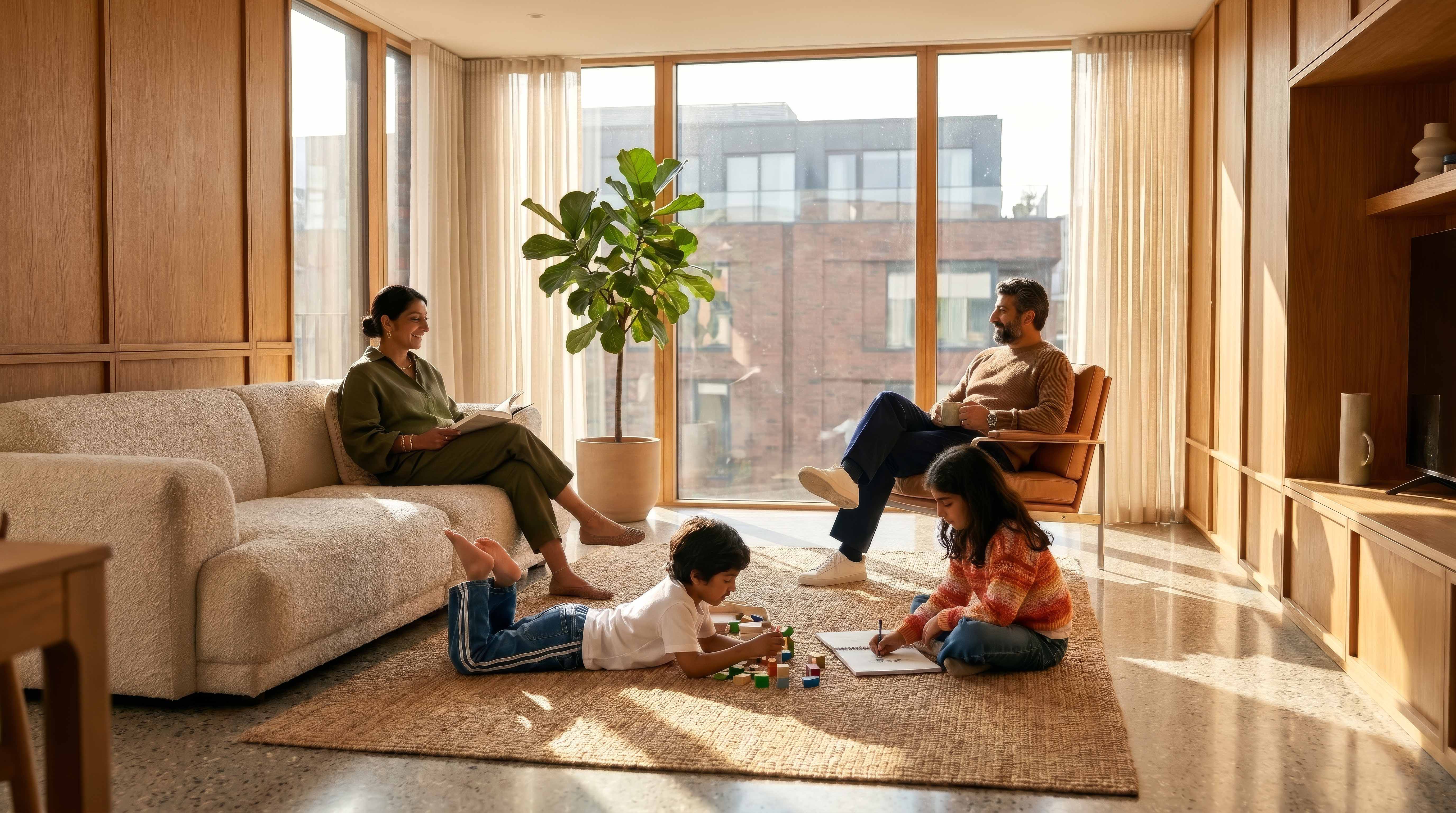Natural light filling a family's living space at Freecity as they go about their morning.