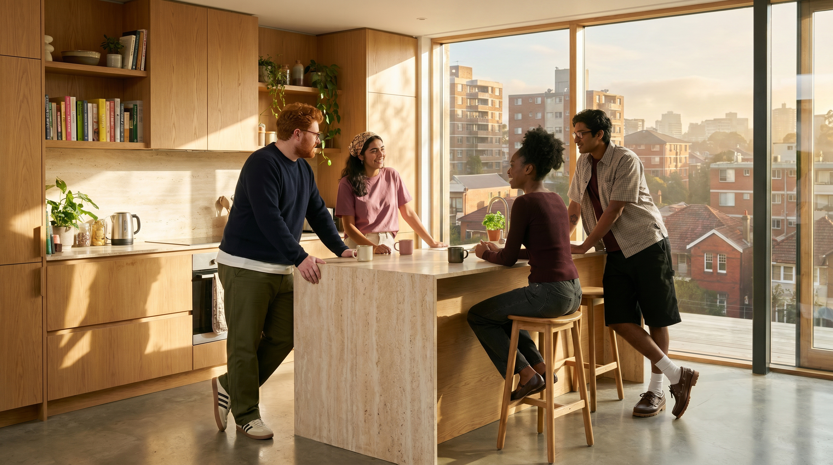 A group of residents chatting over coffee at a kitchen island in a sunlit Freecity apartment overlooking the city.
