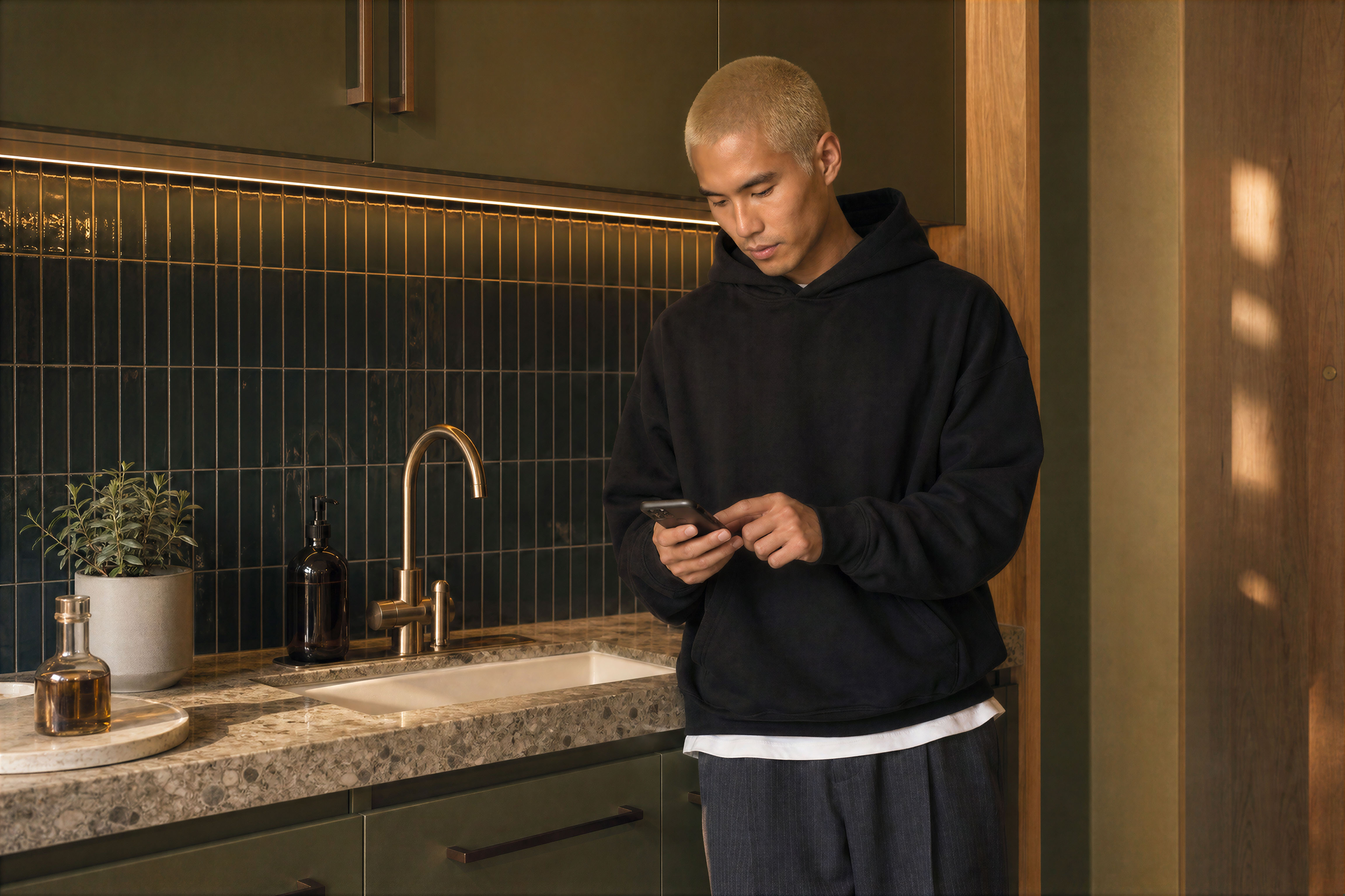 A resident using his phone to book a maintenance request from his kitchen at Freecity.
