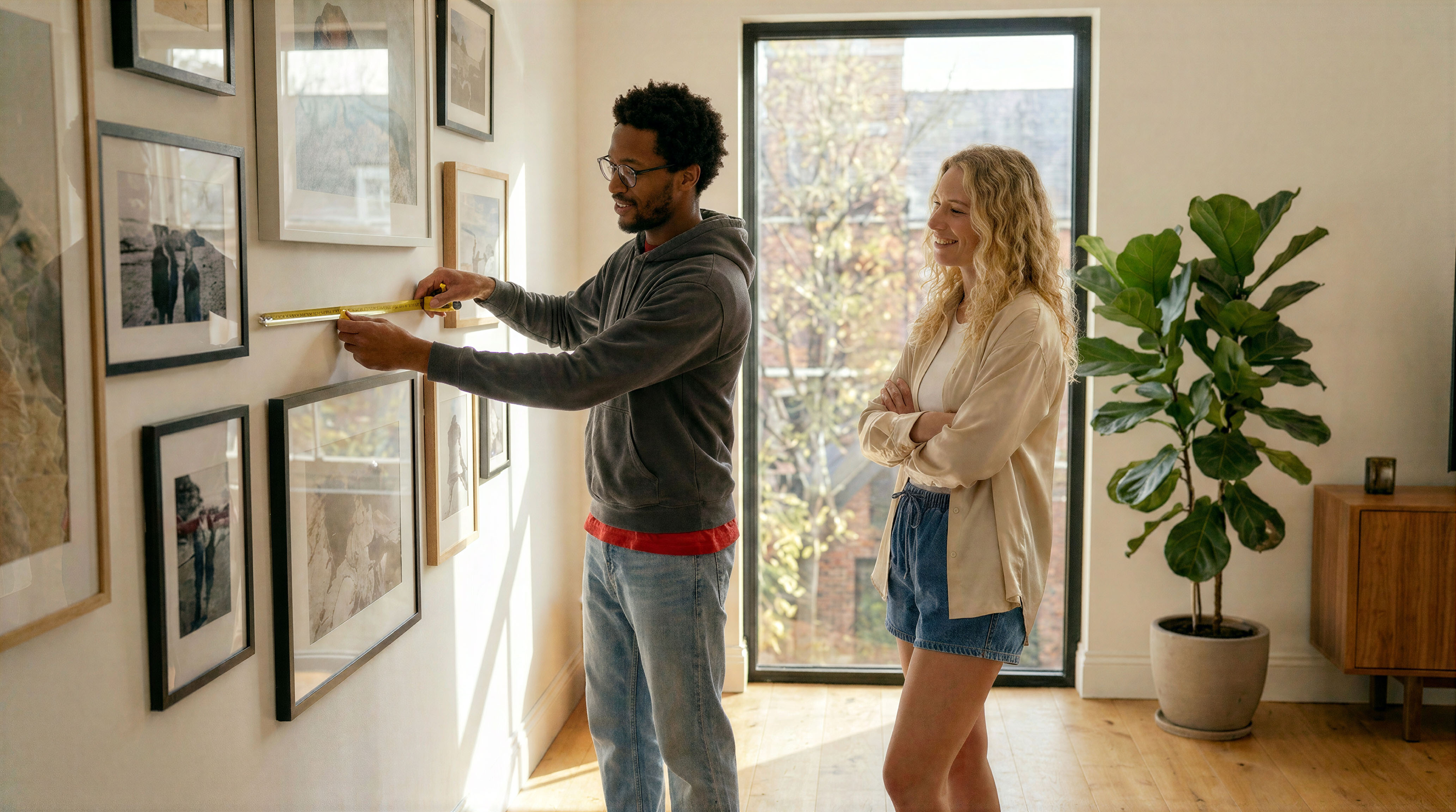 A resident putting up a gallery wall of framed prints in a sunlit Freecity apartment, with a partner watching nearby.