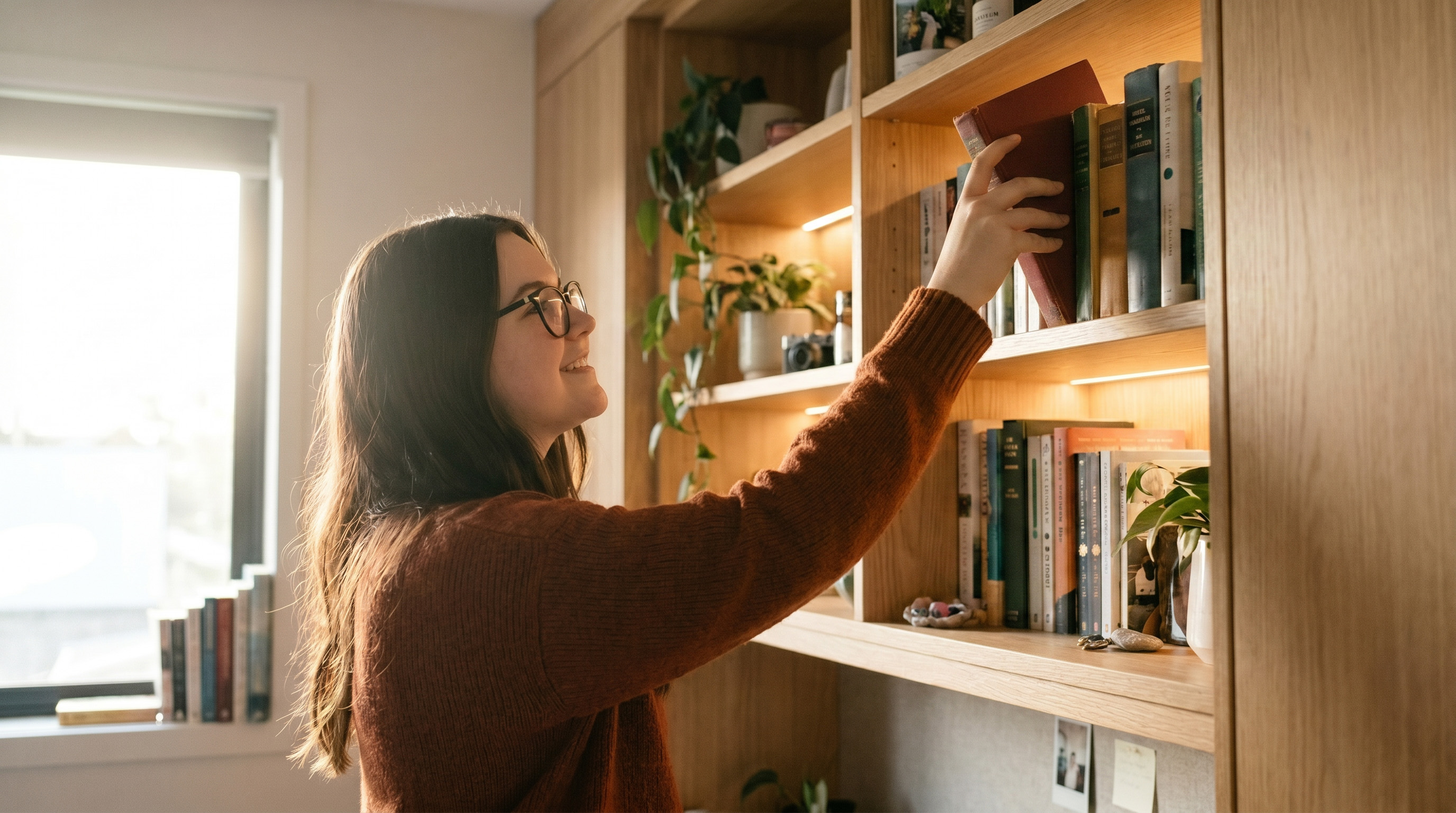 A woman reaching for a book on a personalised bookshelf filled with plants and keepsakes at Freecity.