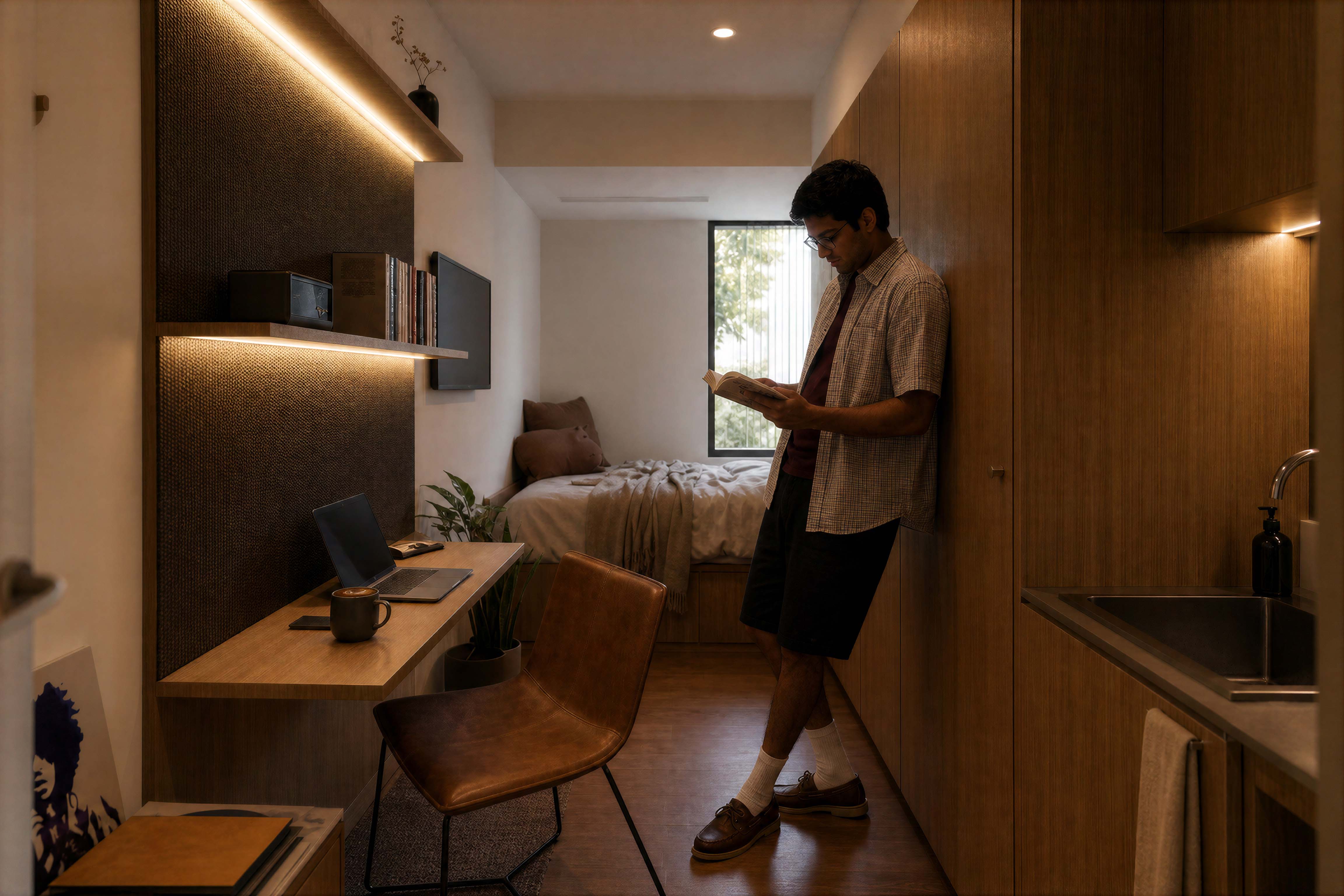 一位住户正在Freecity一间设计精良的私人学生房里读书，房内配有书桌、床和嵌入式小厨房。